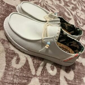 Hey Dude White Moccasins with Textured Upper and Thick Rubber Sole